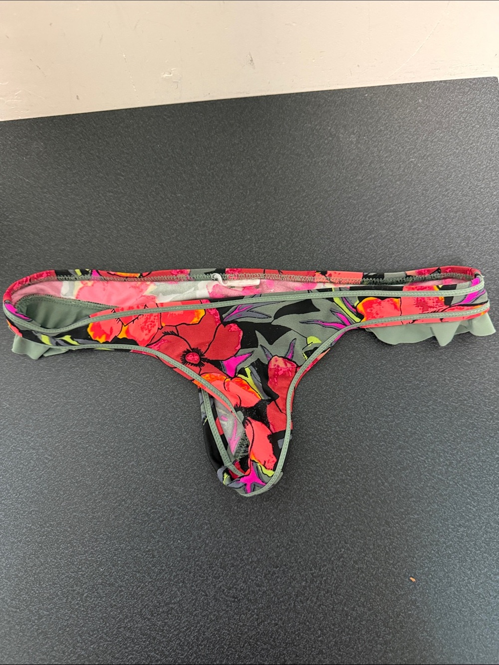 Floral Ruffle Bikini Bottom in Olive and Pink